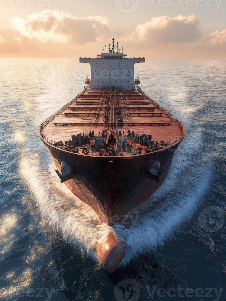 Massive cargo ship navigating calm waters at sunrise off the coast photo