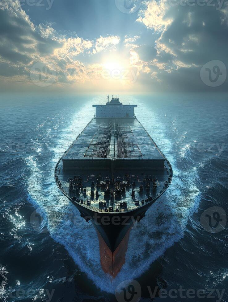 Massive cargo ship navigates tranquil waters under a cloudy sky photo