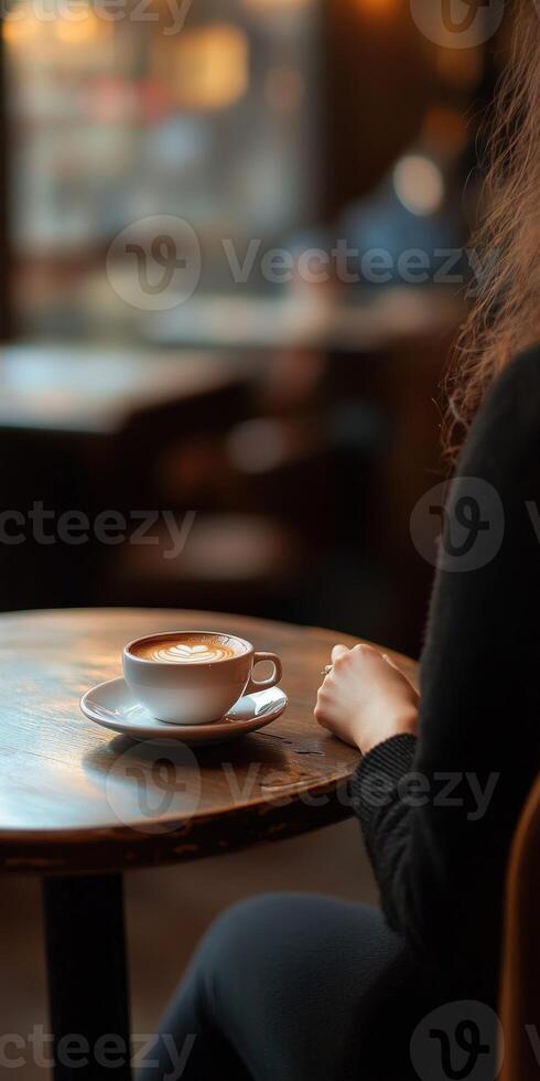 Warm coffee on a wooden table in a cozy cafe during afternoon relaxation photo