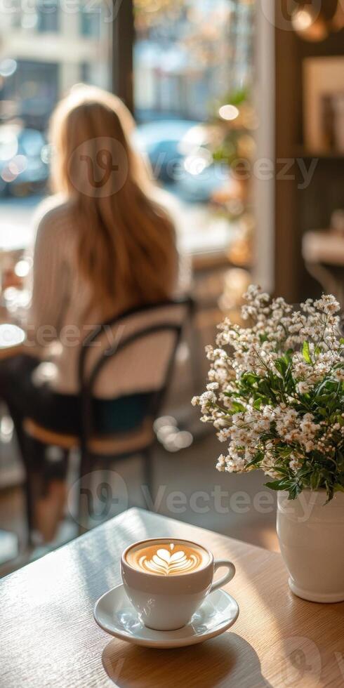 Relaxing coffee moment with flowers and sunlight in a cozy cafe photo