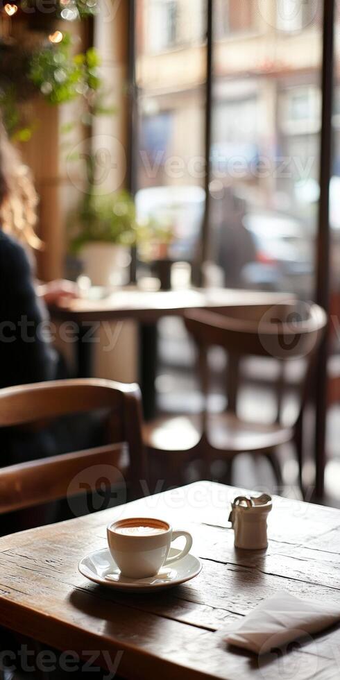 Cozy cafe setting with coffee cup and patrons enjoying their time photo