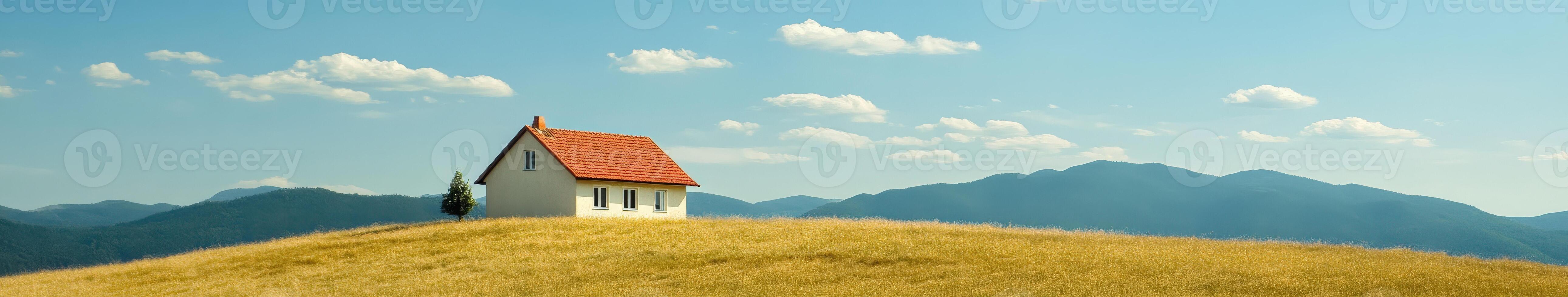 Serene countryside landscape featuring a solitary house on a hill photo