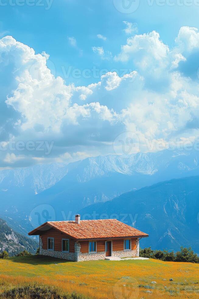 Scenic mountain house with vibrant landscape under a bright sky photo