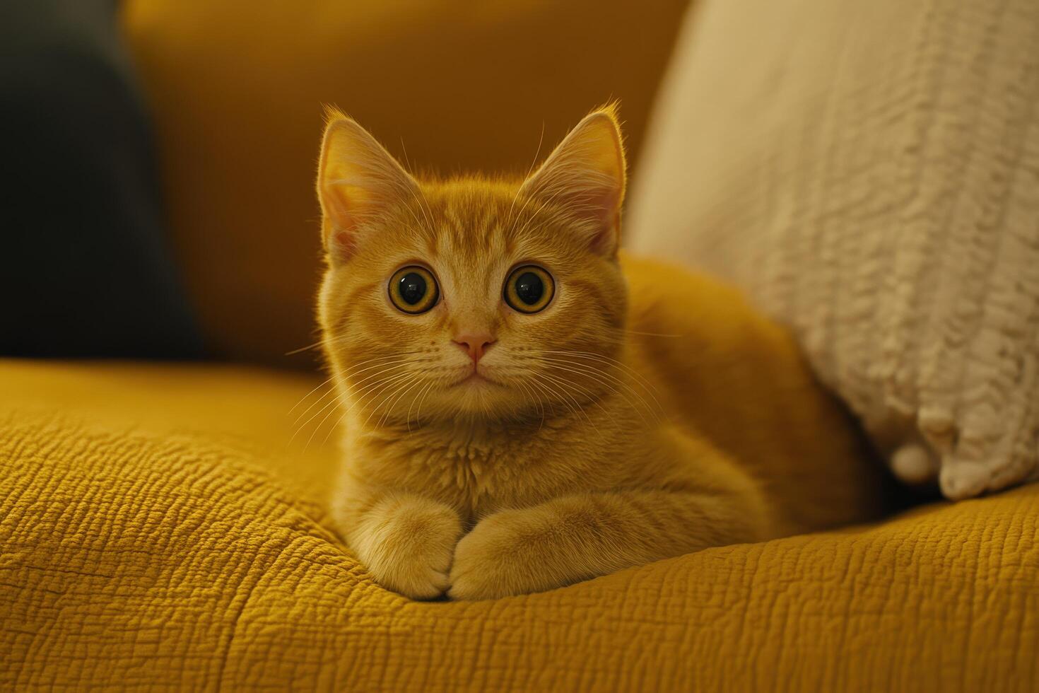 Cute orange kitten relaxing on a cozy yellow couch in a warm setting photo