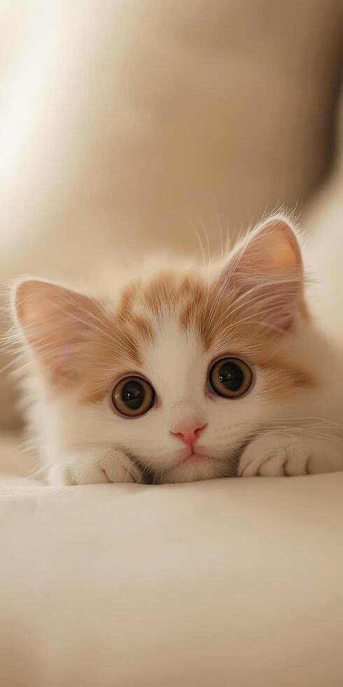 Curious kitten gazing intently while resting on a cozy surface photo