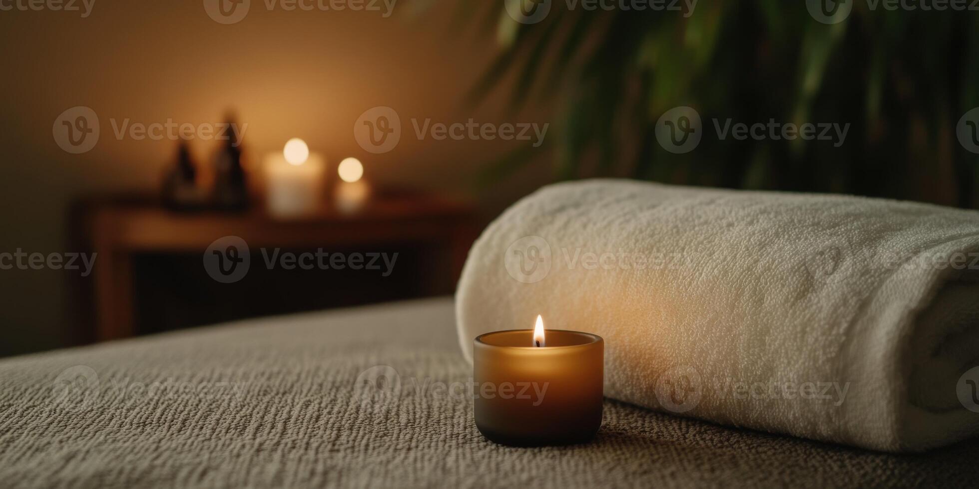 Relaxing spa setup with candle, towel, and tranquil ambiance at sunset photo