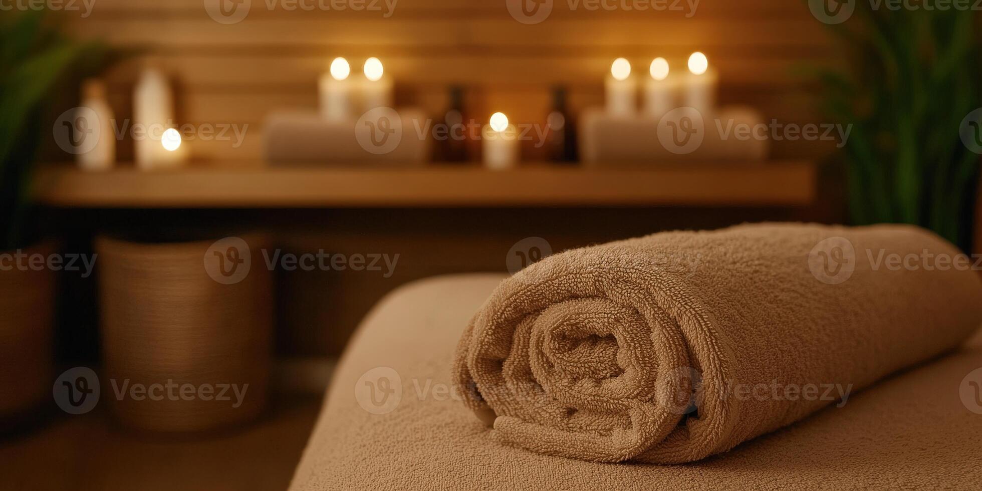 Relaxation space with rolled towels and soft lighting for a calming experience photo