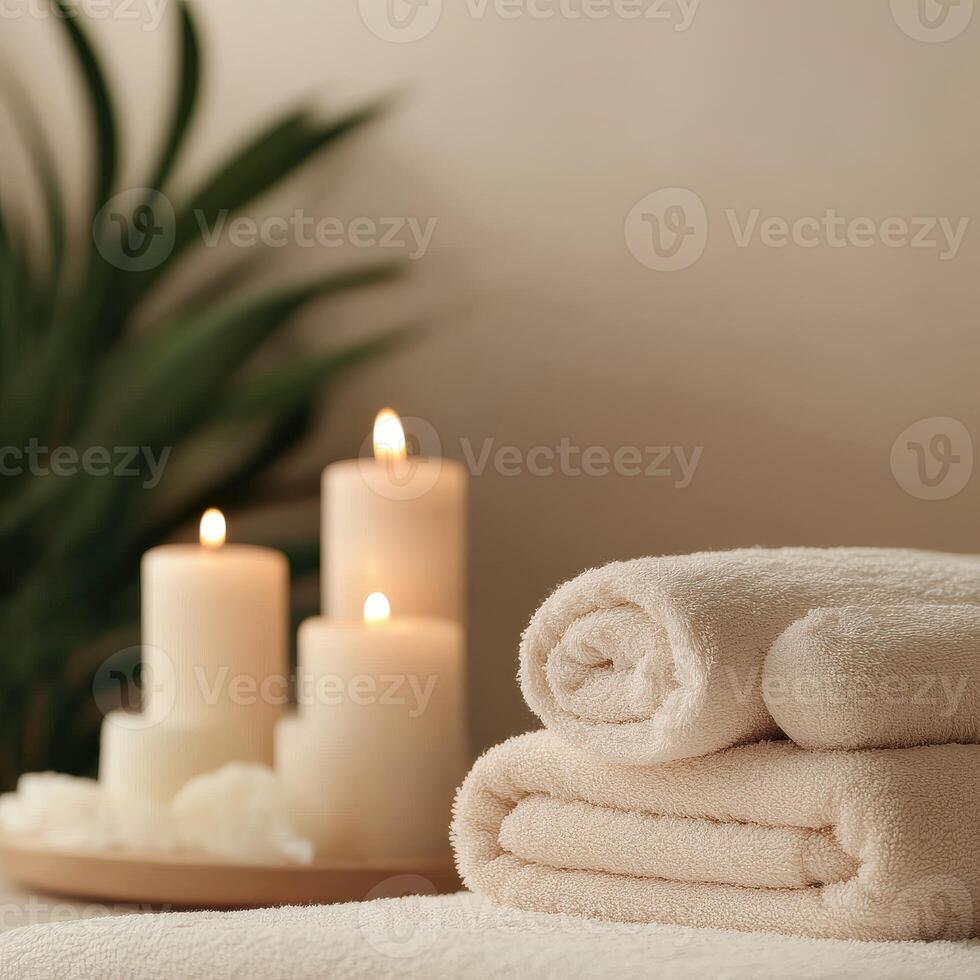 Relaxing spa setup with soft towels and lit candles for a serene ambiance photo