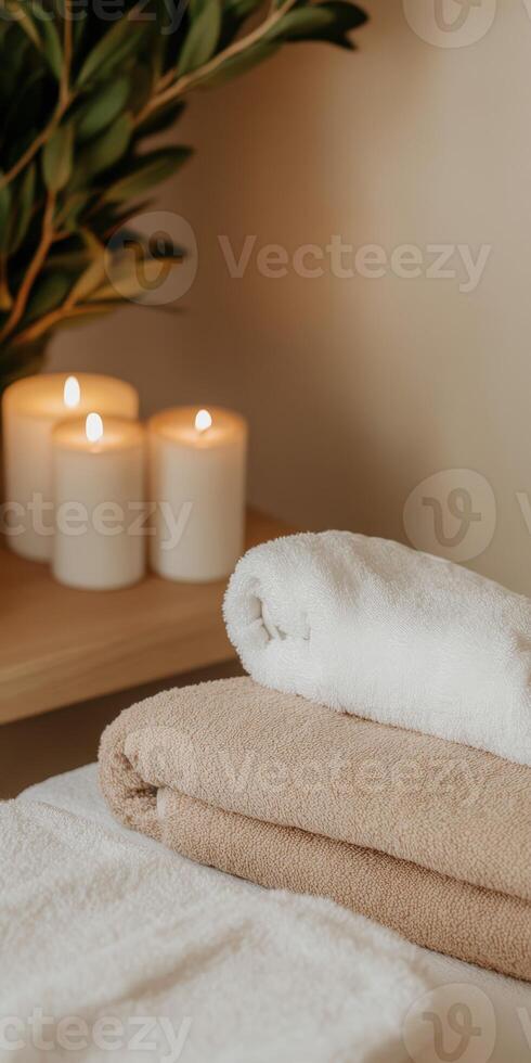 Relaxing spa setting with towels and candles for a tranquil experience photo