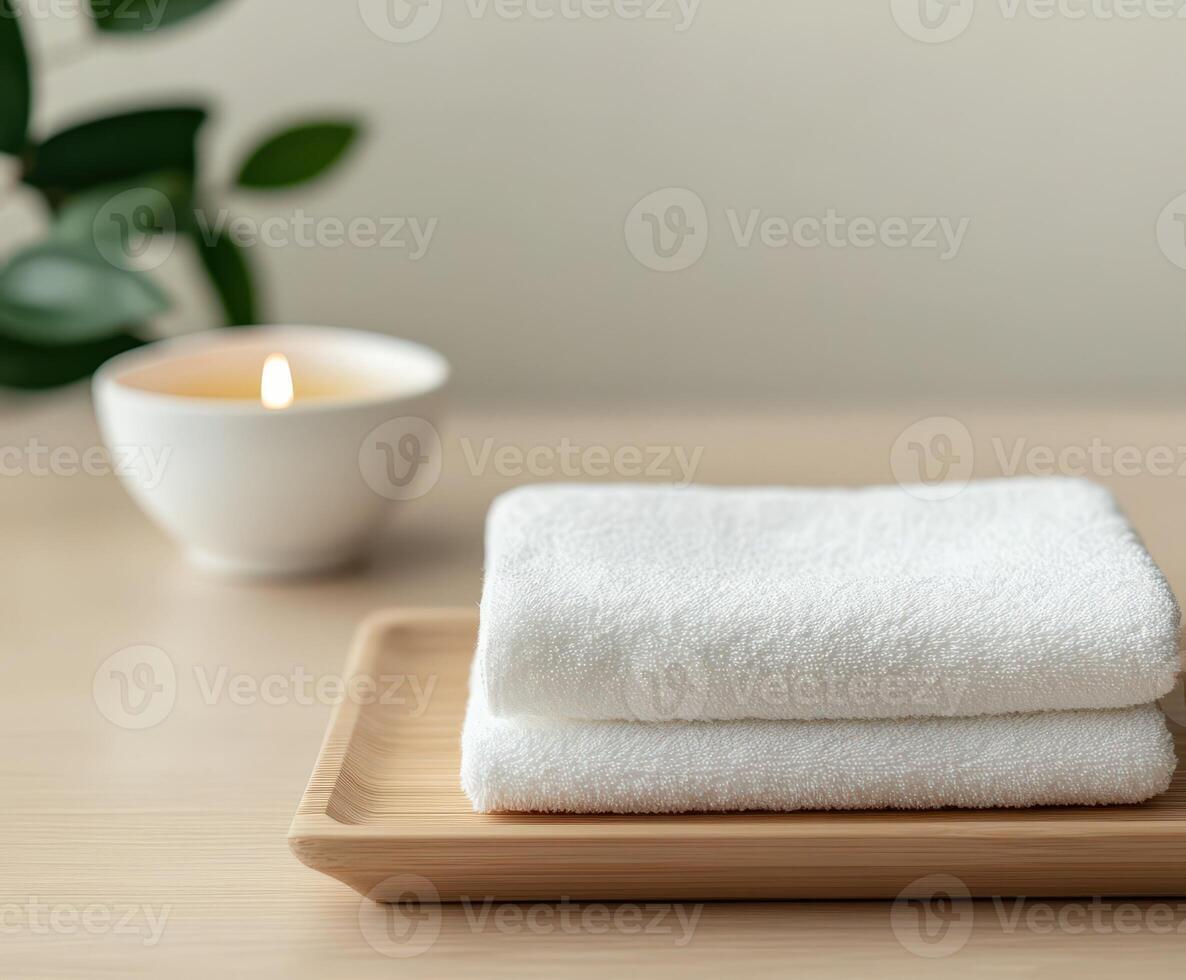 Spa setting with towels and candle for relaxation and wellness photo