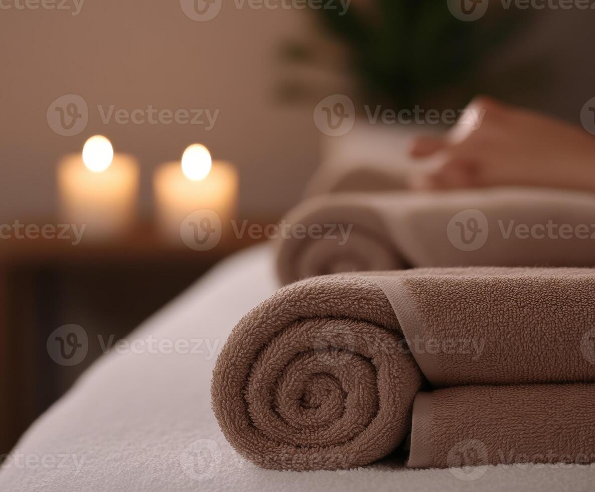 Relaxing spa atmosphere with rolled towels and calming candles photo