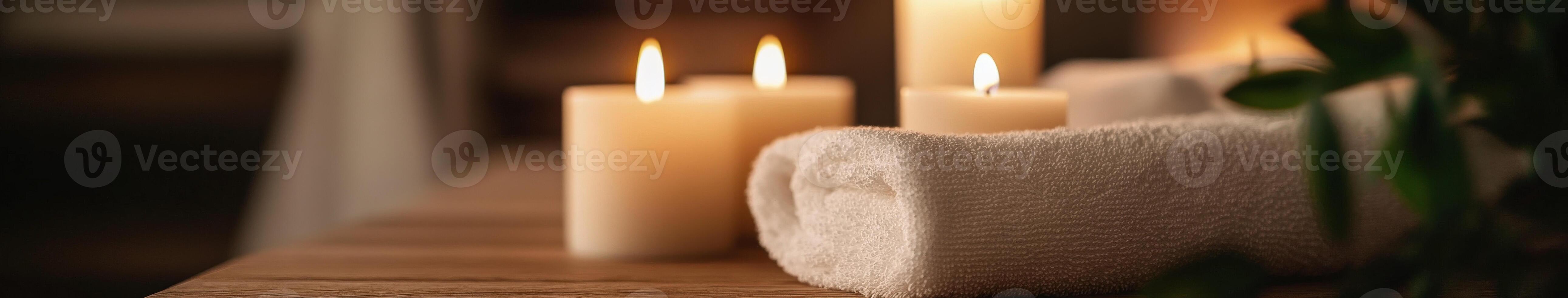 Relaxing spa setup with candles and soft towels for a calming experience photo