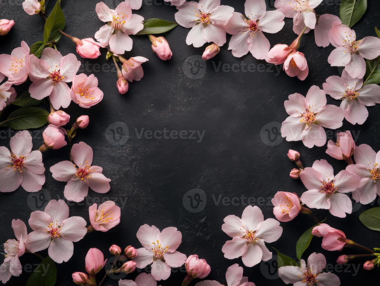 Blossoming pink flowers arranged beautifully on a dark surface photo