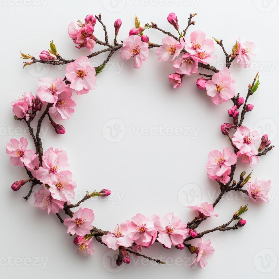 Cherry blossoms in a circular wreath on a simple backdrop photo