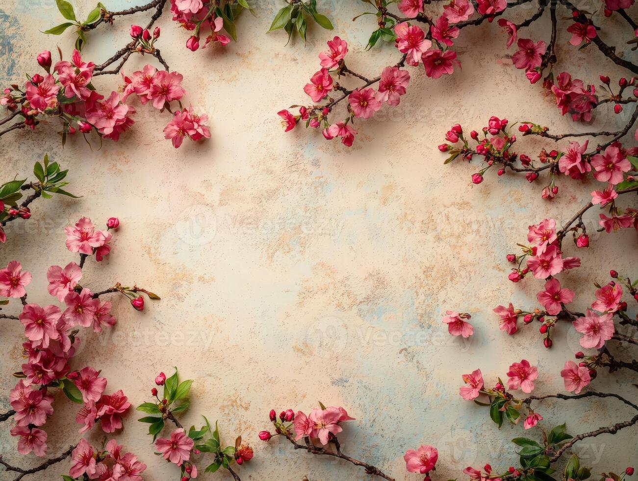 Blossoming cherry flowers frame a pastel background for spring decor photo
