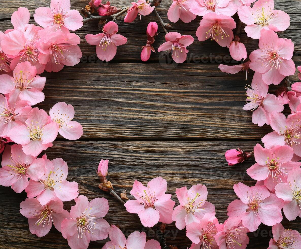 Beautiful pink cherry blossoms arranged in a circular frame on wooden surface photo