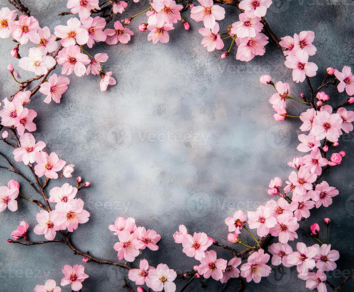 Cherry blossoms frame vibrant gray background for spring celebration photo