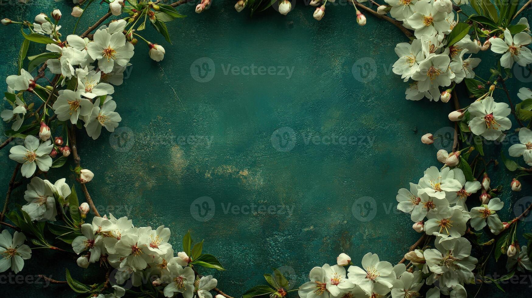 Delicate white flowers arranged in a circular design on a teal background photo
