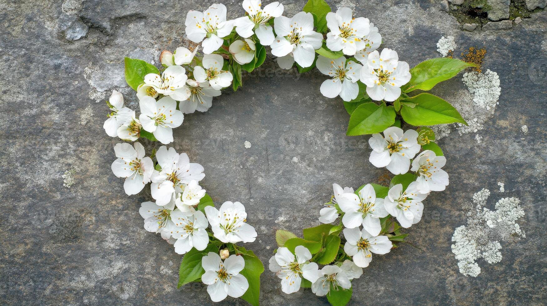 Delicate white flower wreath arranged on a rustic stone surface in spring photo