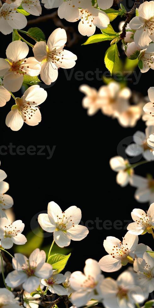White blossoms frame a dark background in a serene spring display photo