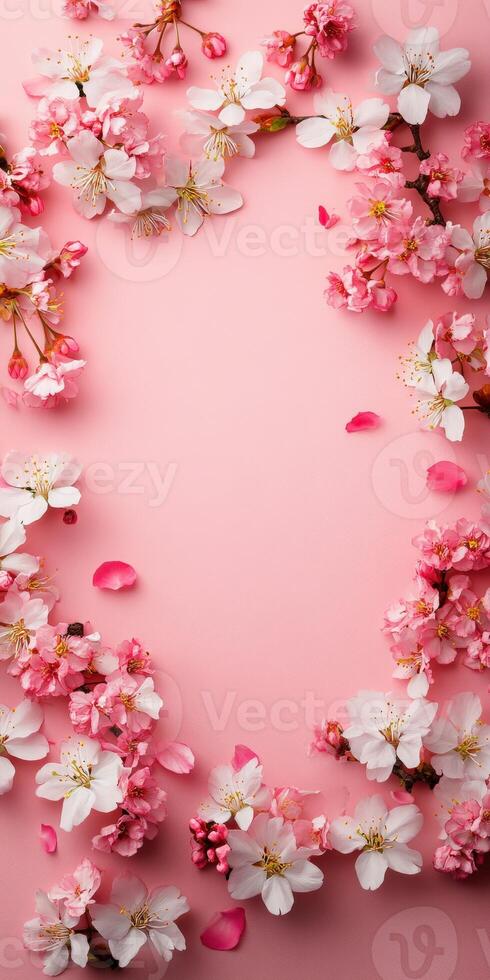 Cherry blossoms on a pink background for spring decor photo