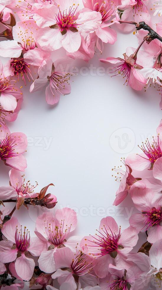 Pink cherry blossom flowers arranged in a circular frame on a white background photo