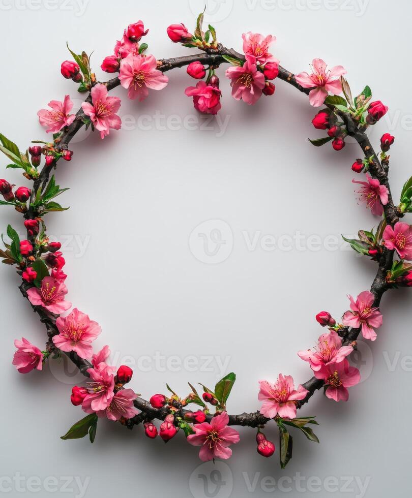 Delicate pink floral wreath with cherry blossoms on a neutral background photo