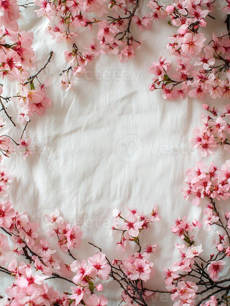 Delicate pink cherry blossoms arranged beautifully on soft fabric photo