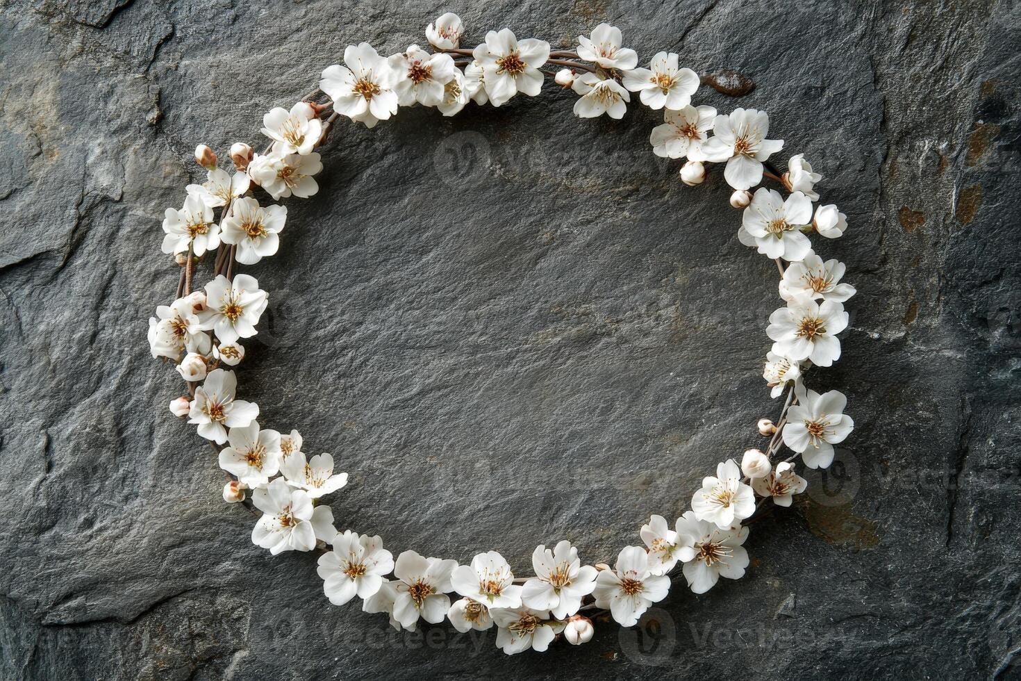 Floral crown featuring delicate white blossoms on textured stone background photo