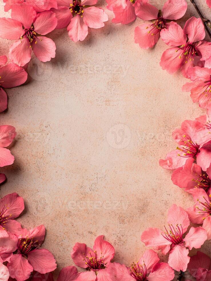 Pink cherry blossoms frame a blank background for creative designs photo