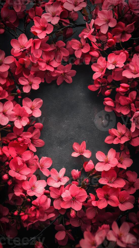 Cherry blossoms in a circular frame on a dark background photo