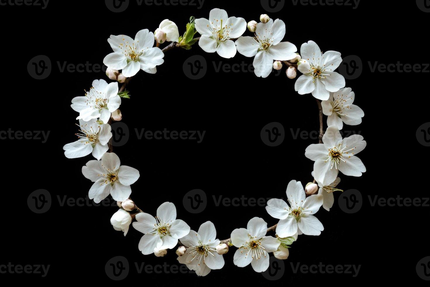 White flowering branch arranged in a circular pattern on black background photo