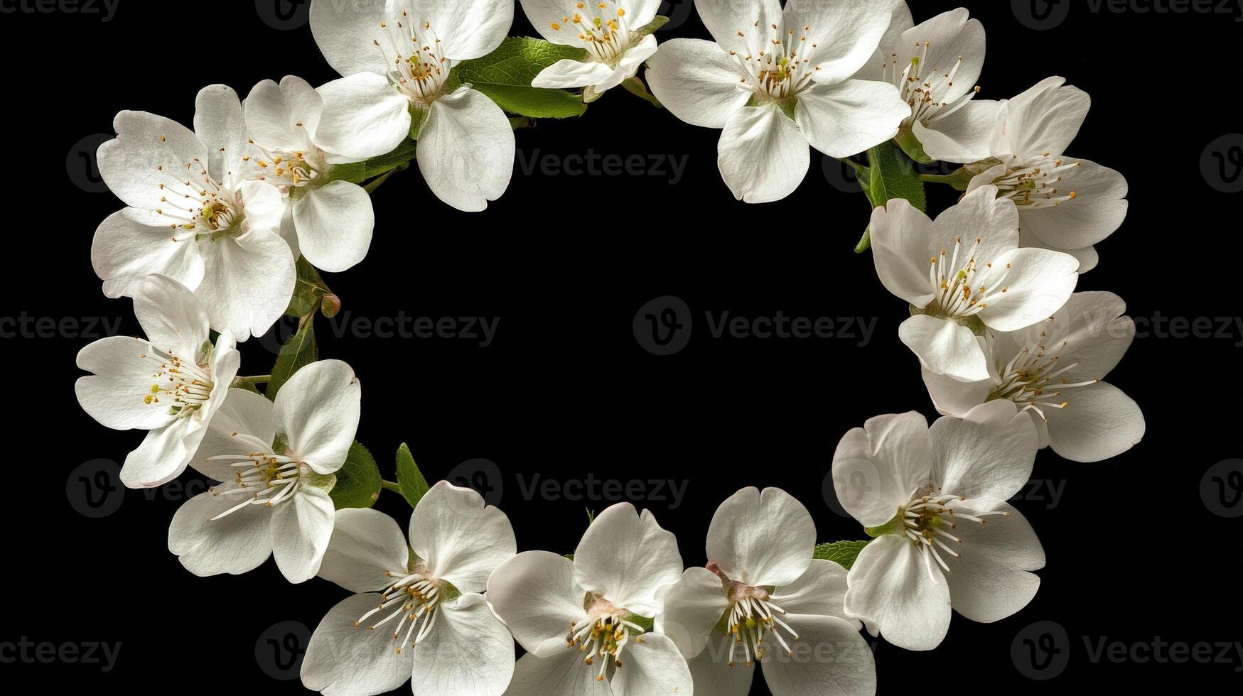 White cherry blossom wreath on a black background showcasing spring beauty photo