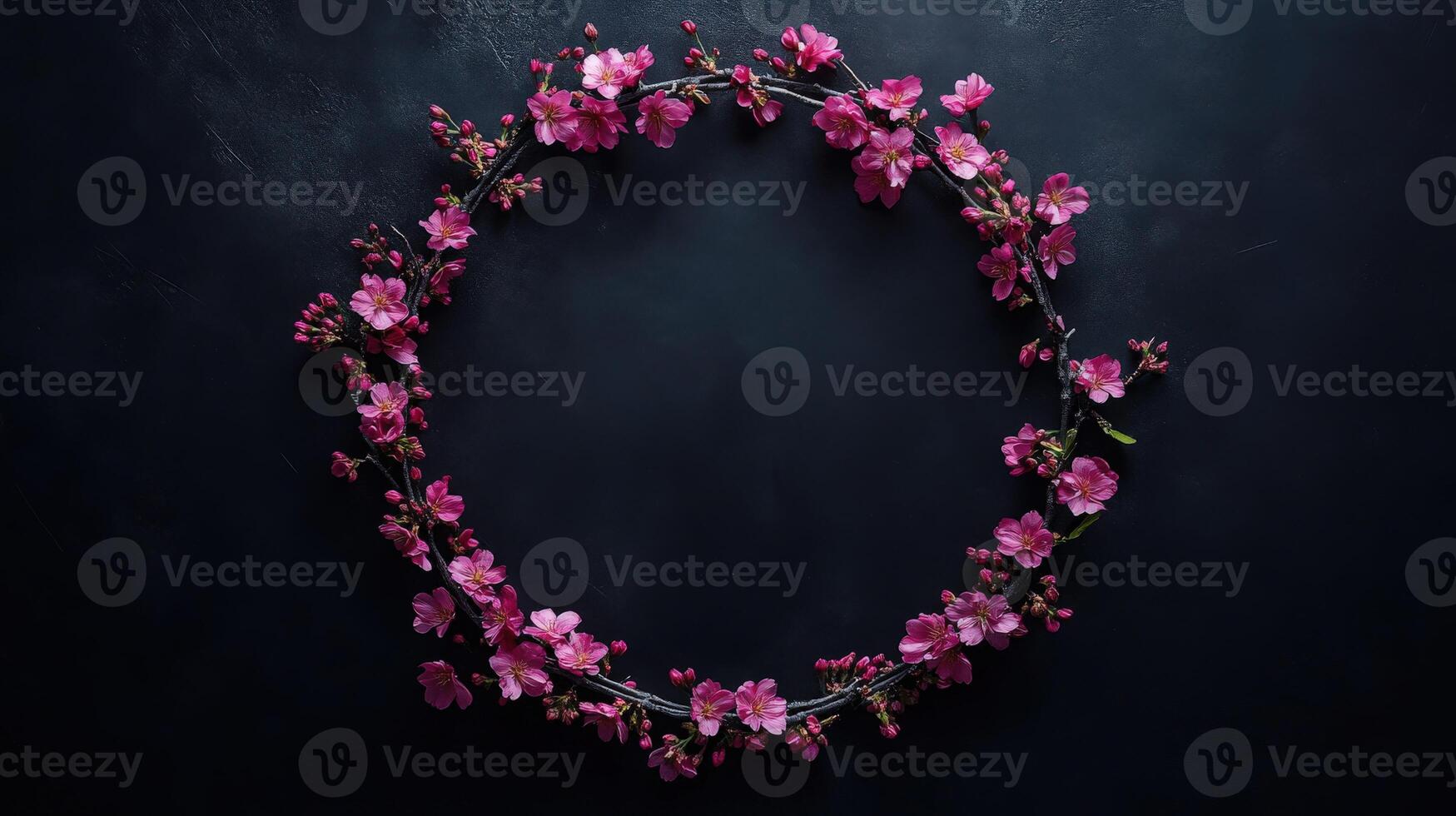 Beautiful cherry blossom wreath on a dark background in springtime photo