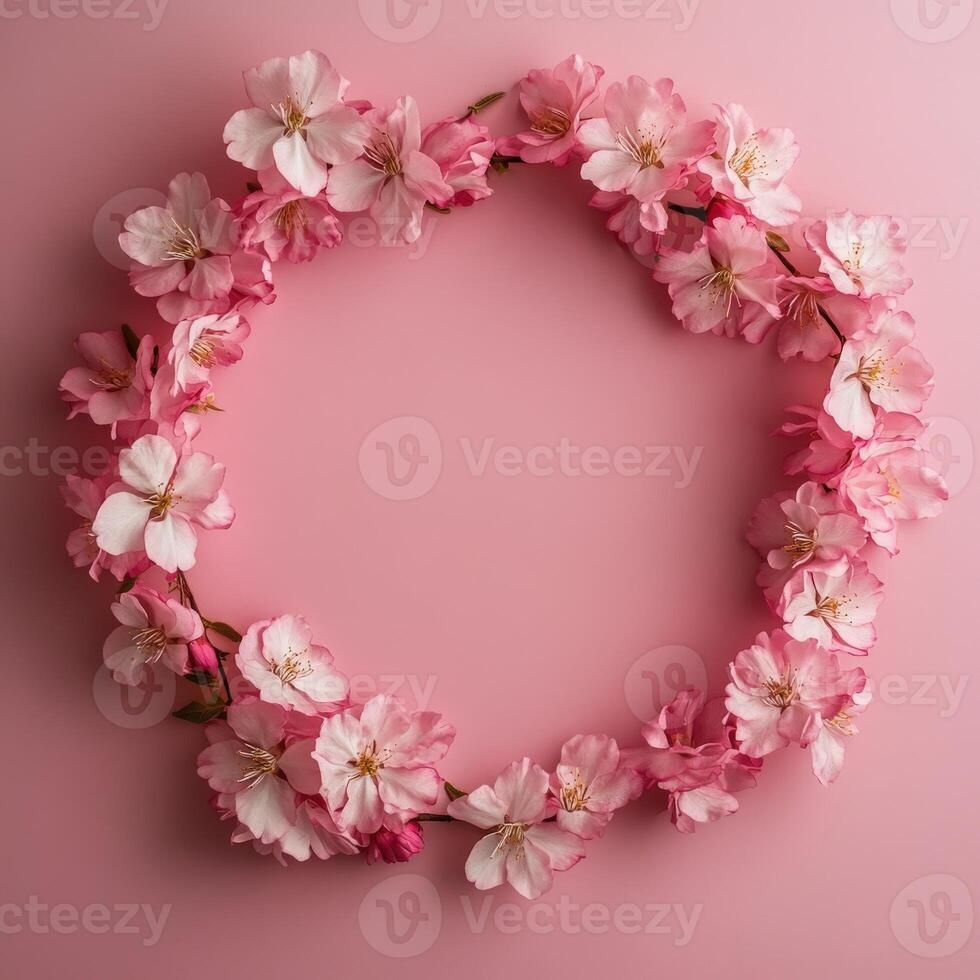 Floral wreath of pink blossoms against a soft pink background photo