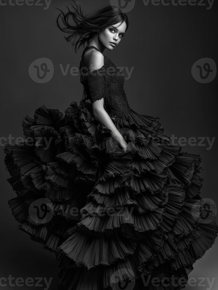 Elegant model in dramatic black gown with flowing ruffles photo
