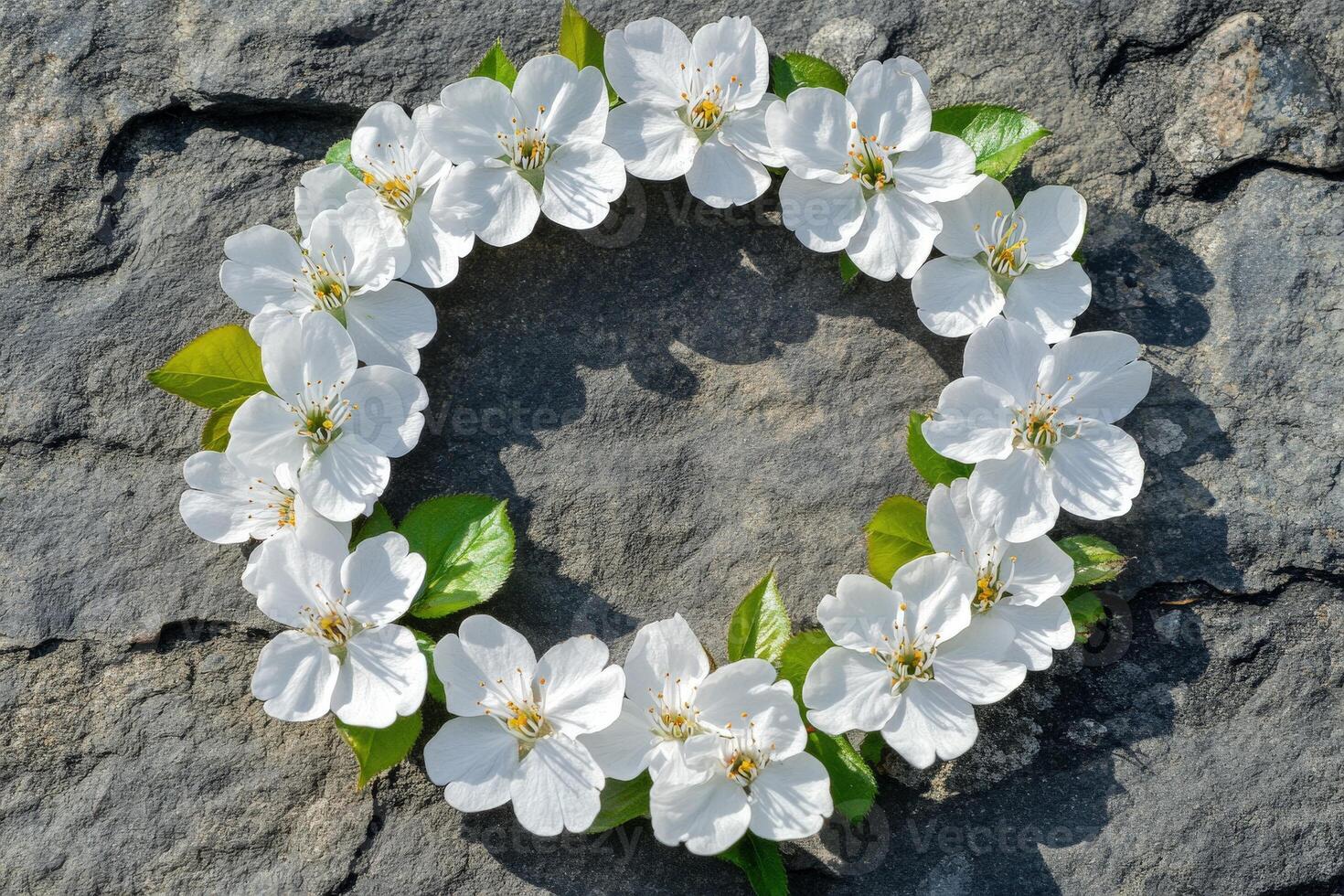 White flower wreath on a textured stone surface in natural light photo