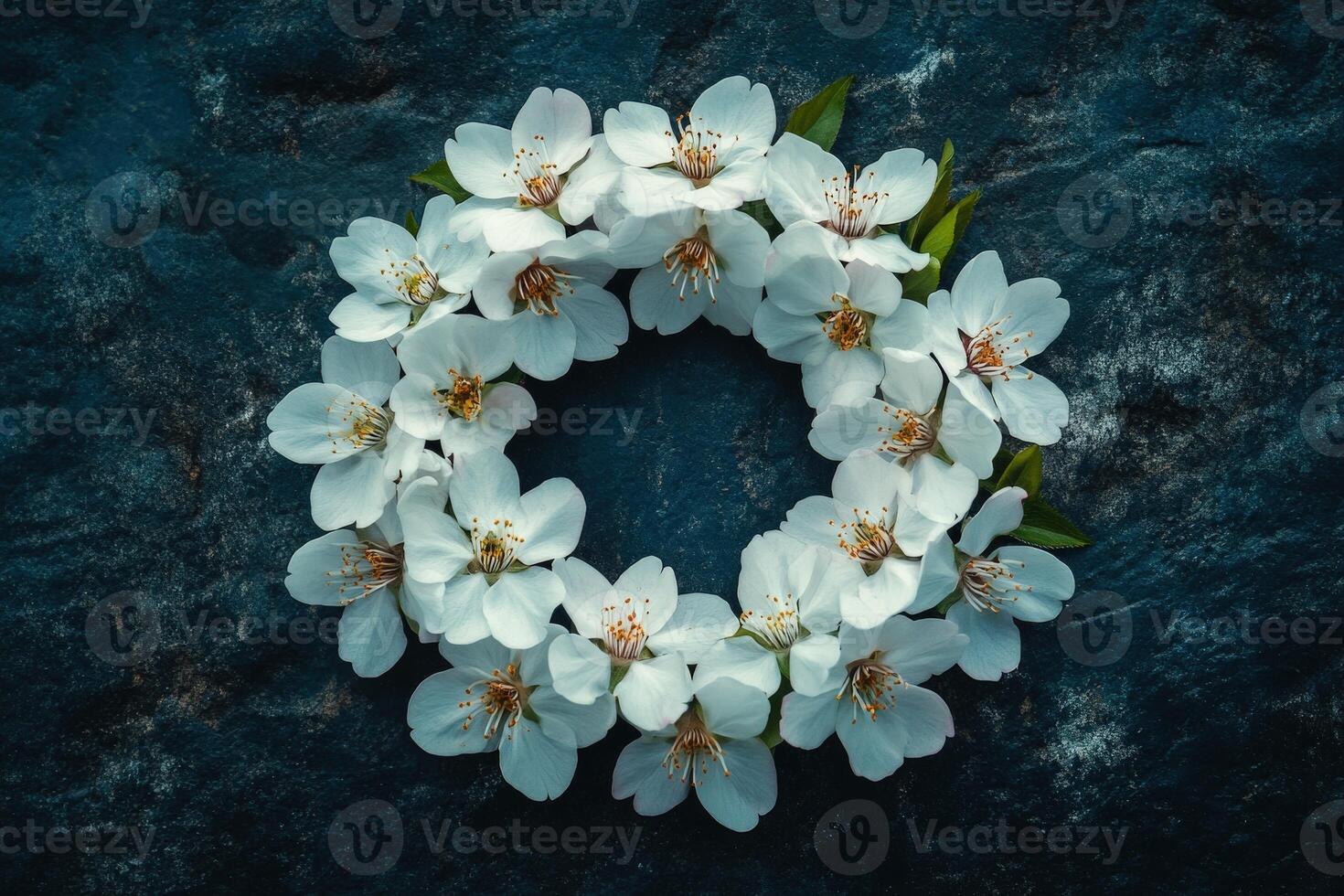 Delicate white flower wreath on a dark stone surface photo