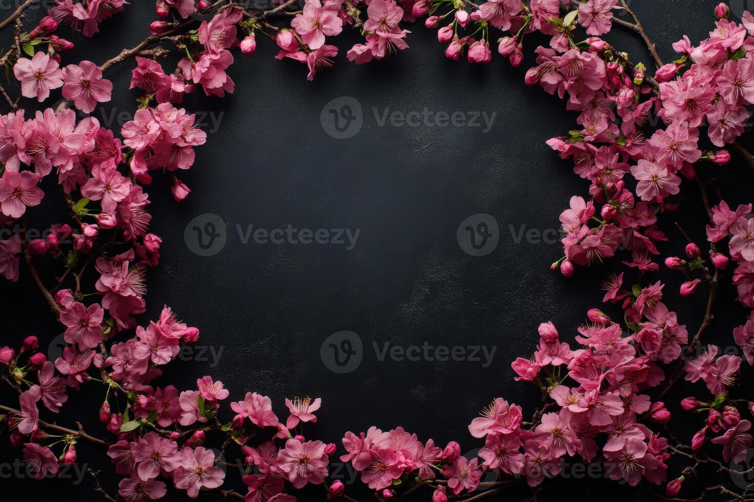 Beautiful pink cherry blossom wreath on a dark background for decoration photo