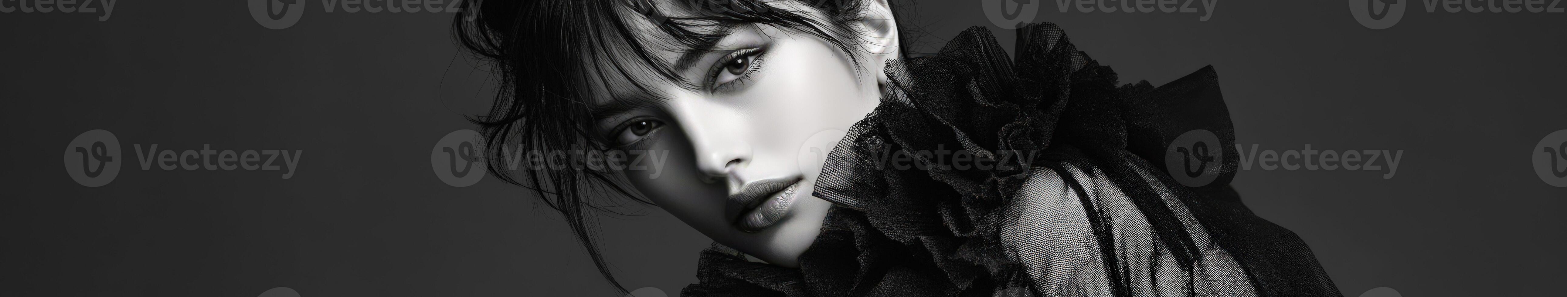 Captivating black and white portrait of a model with elegant features photo