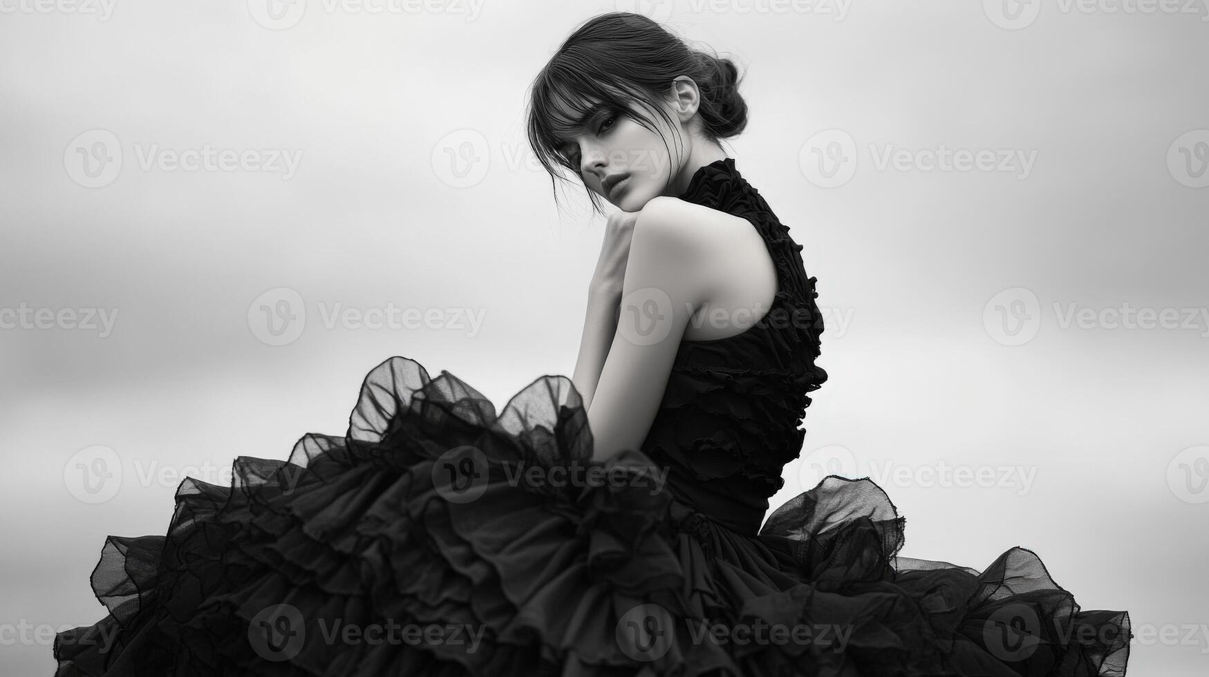 Expressive fashion portrait of model in black dress outdoors at dusk photo