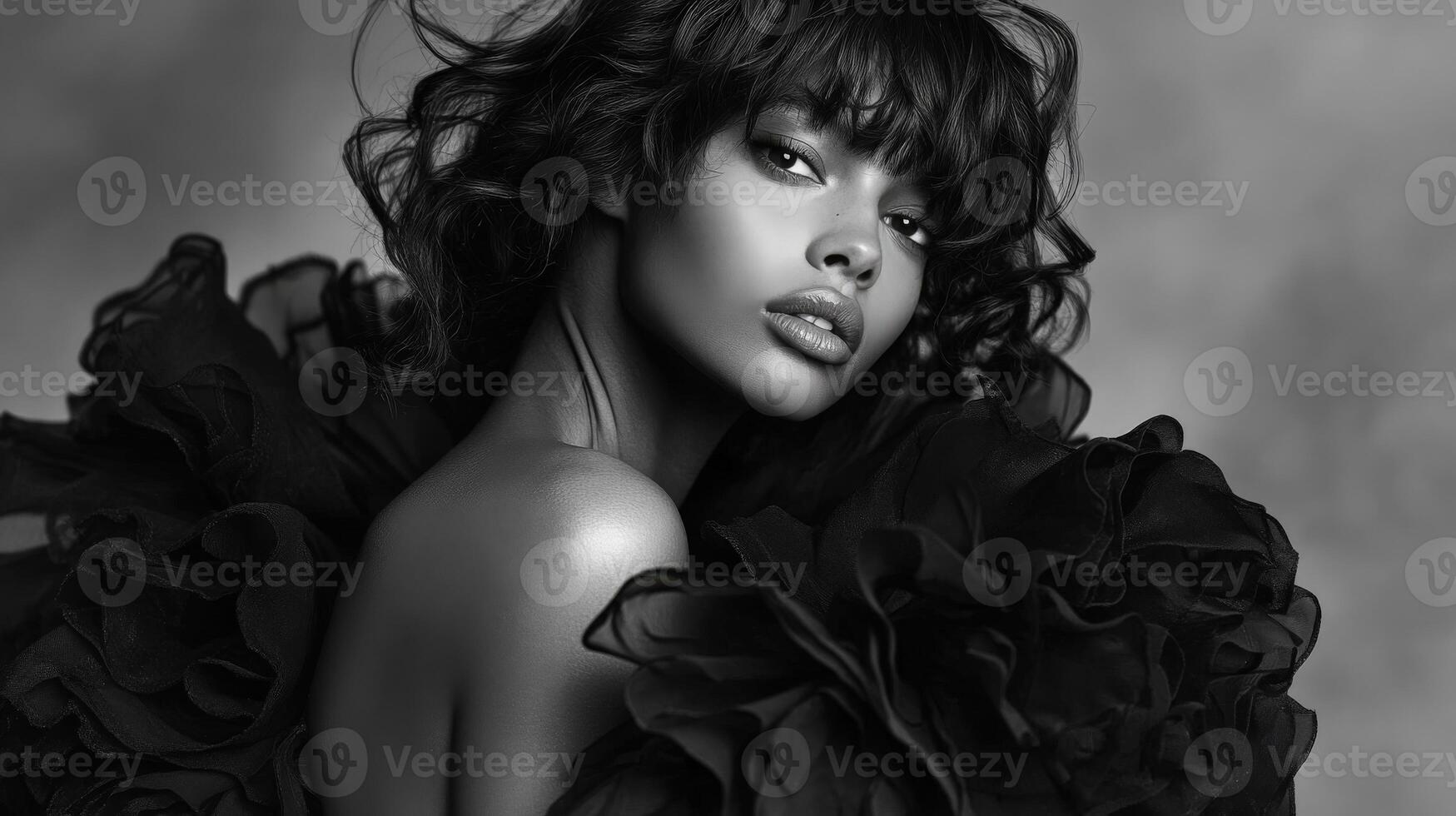 Elegant portrait of a model in a dramatic black outfit against a soft backdrop photo