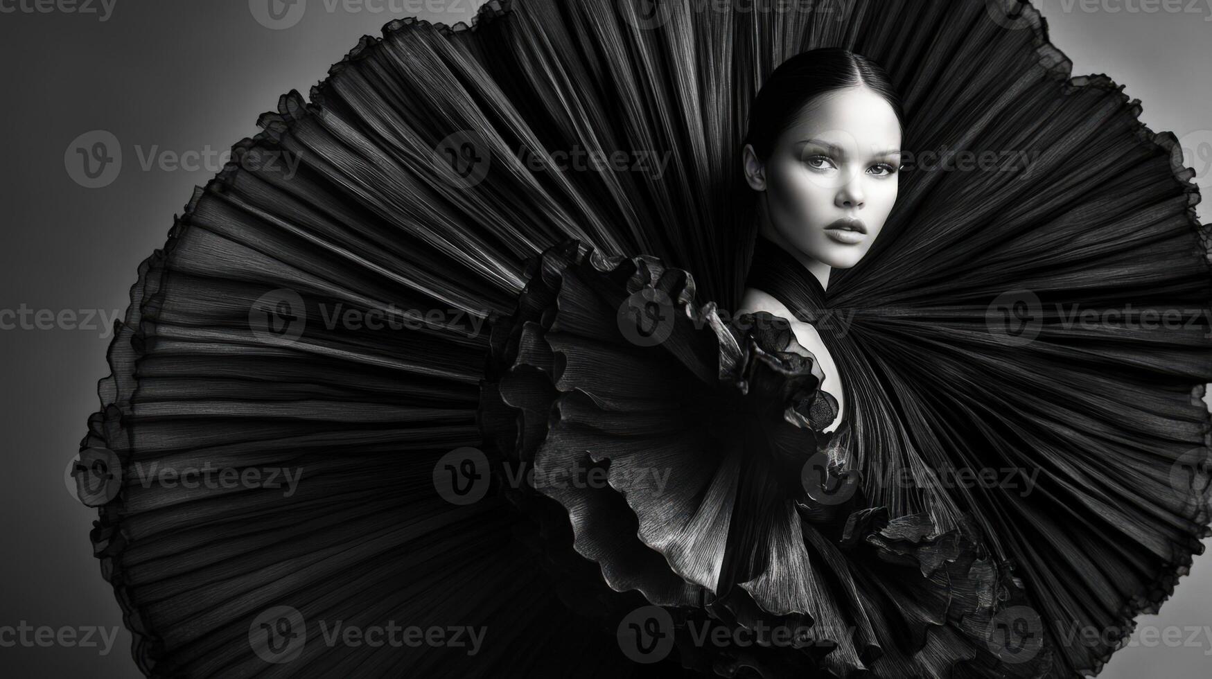 A model poses gracefully, adorned in an expansive black fabric creation photo