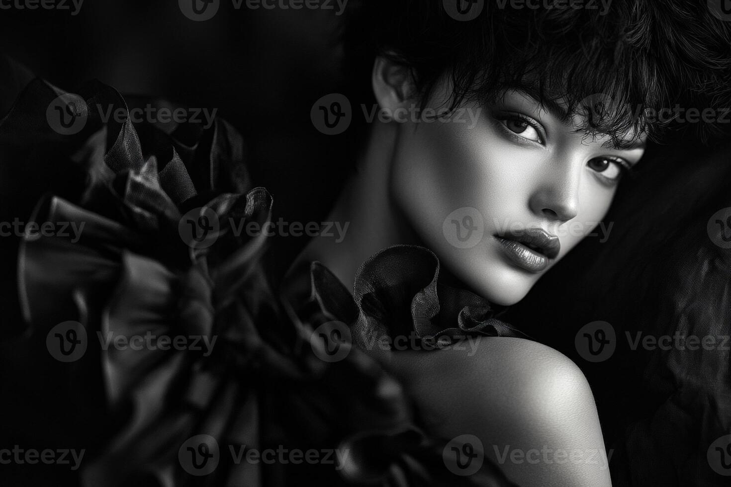 Striking black and white portrait of a model with dramatic styling photo