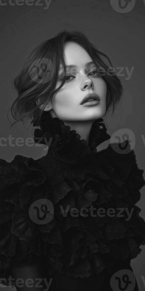 Model poses elegantly in black ruffled outfit with soft, understated makeup photo