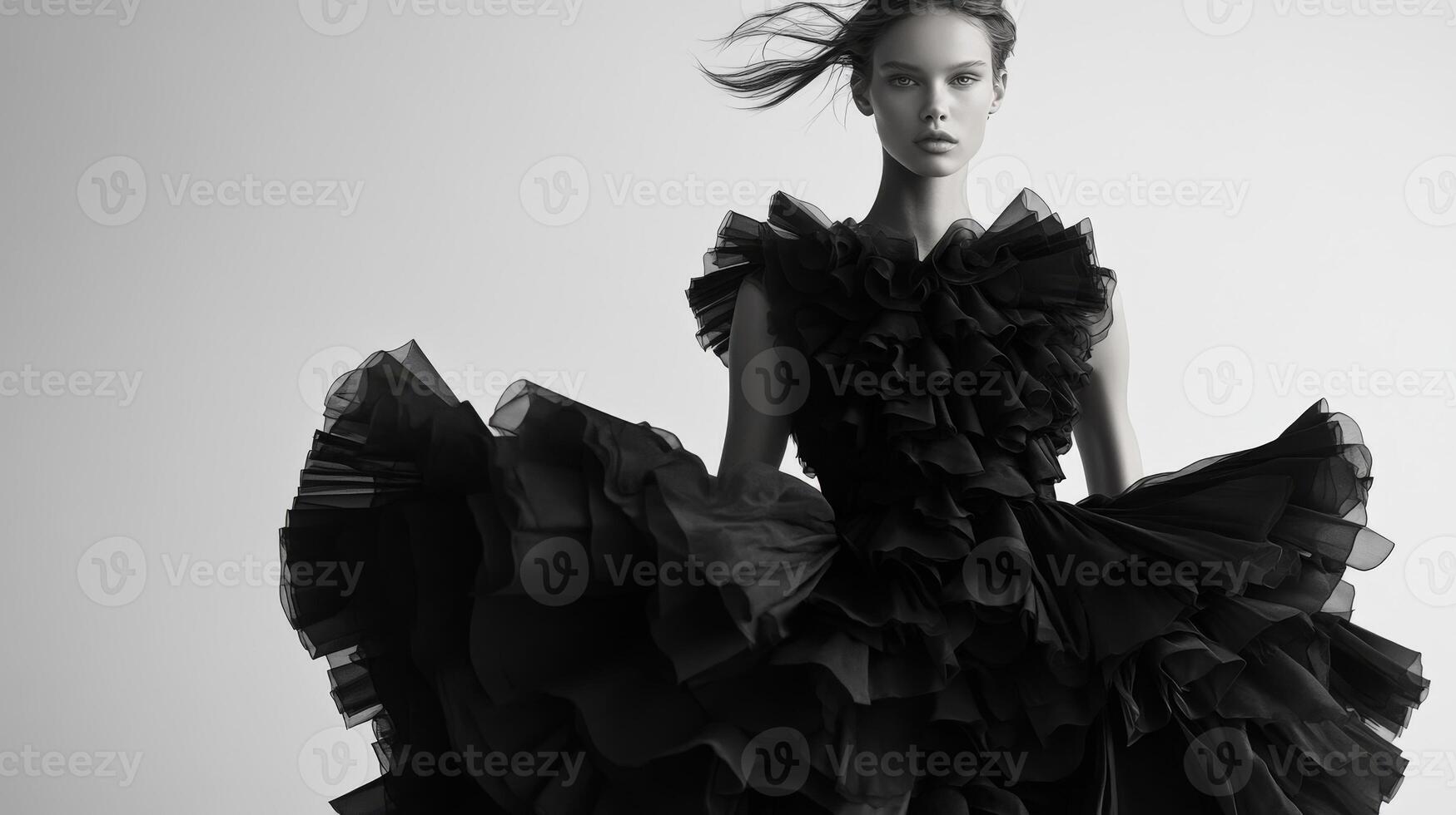 Elegant model showcases black ruffled dress in striking monochrome setting photo