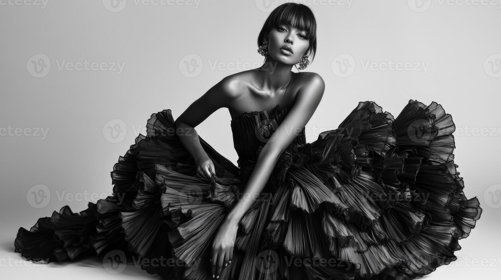 Elegant model poses in dramatic black gown during studio shoot photo
