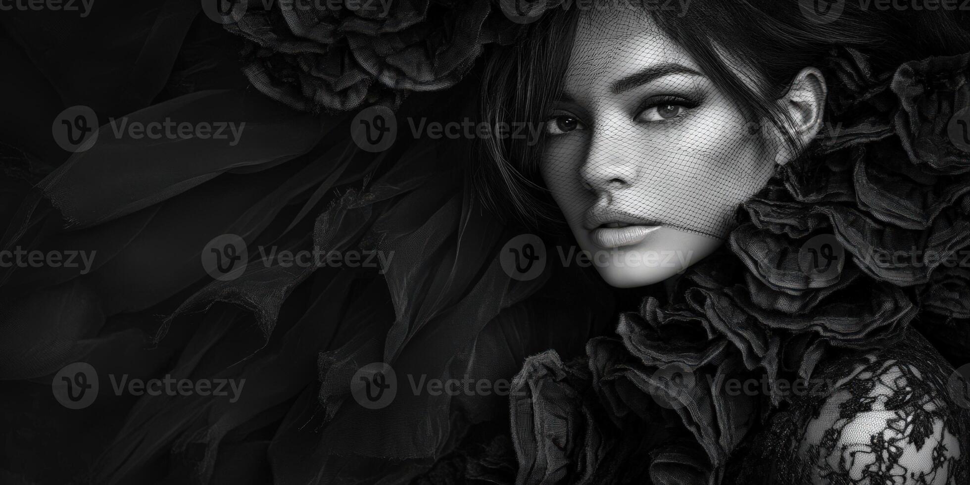 Elegant portrait of a woman in dark floral attire with dramatic lighting photo