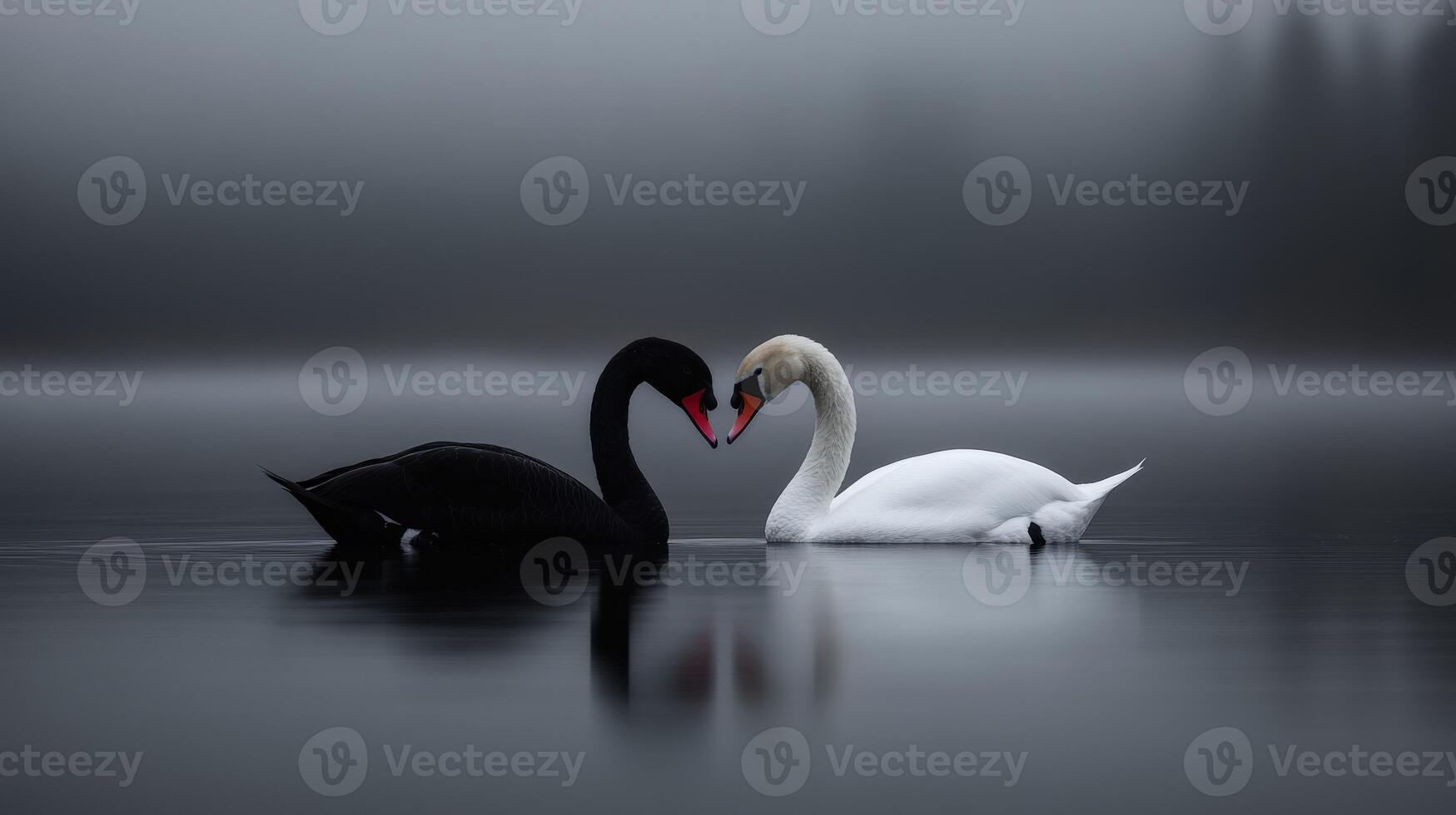 Swans and black birds create a serene moment on a misty lake photo