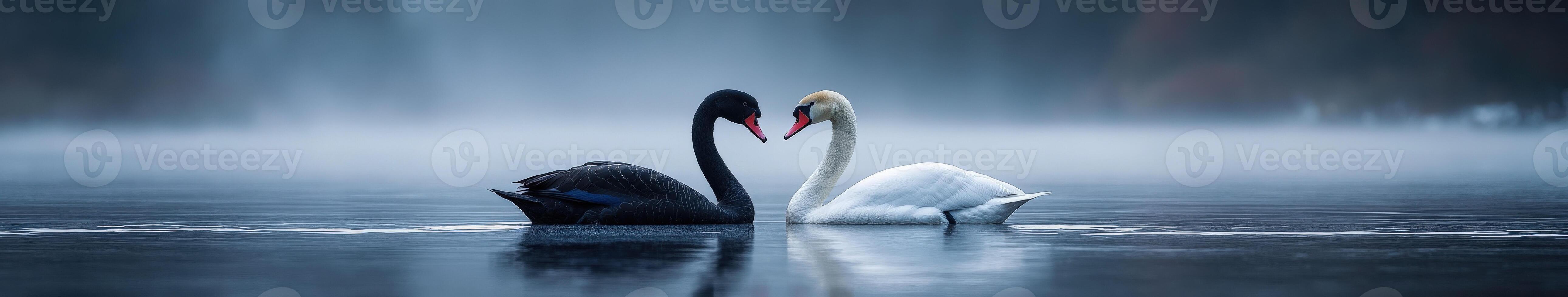 Swans and black swan forming a heart shape on a misty lake photo
